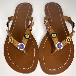 Tory Burch Woman’s 6.5 Marguerite Terra Brown Leather Thong Sandal Flip Flop